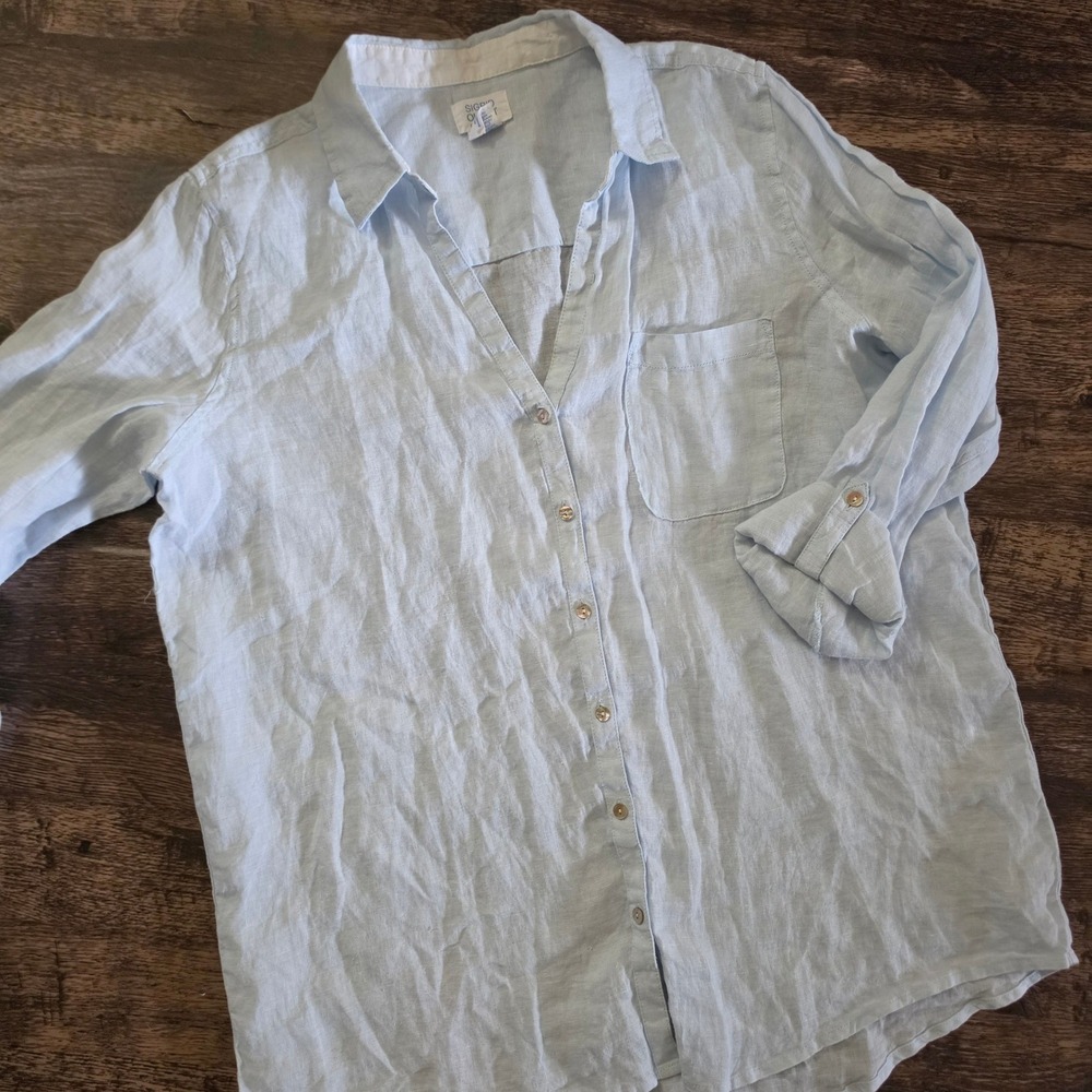 SIGRID OLSEN Button Down Shirt Womens Large Blue 100% Linen Roll Tab Sleeve